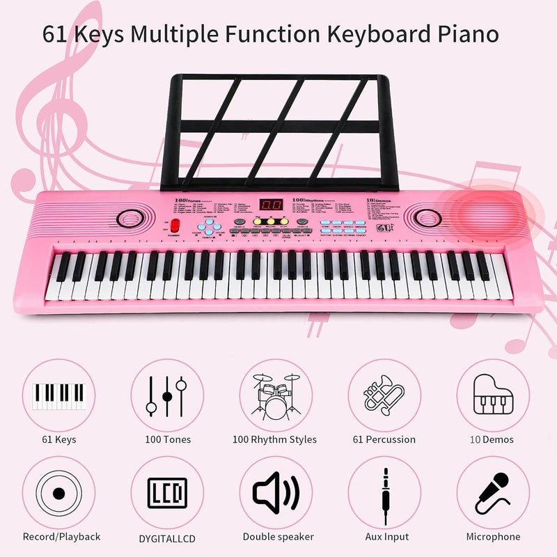 Semart Keyboard Piano 61 Key Electric Digital Piano Music keyboard w/Microphone Portable Piano For Kids Beginner Birthday Christmas Gifts Pink - Image 2